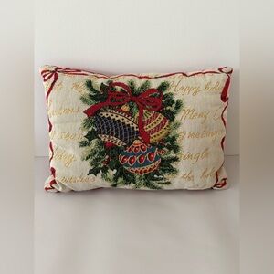 Tapestry Christmas/Holiday Pillow with Red/Green Ornaments/Wreath